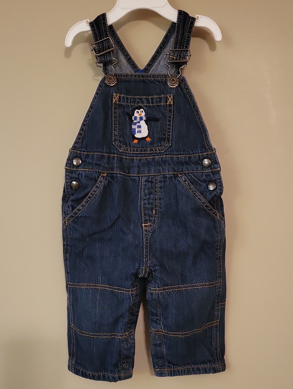 Gymboree lined denim overalls with embrodiered penguin